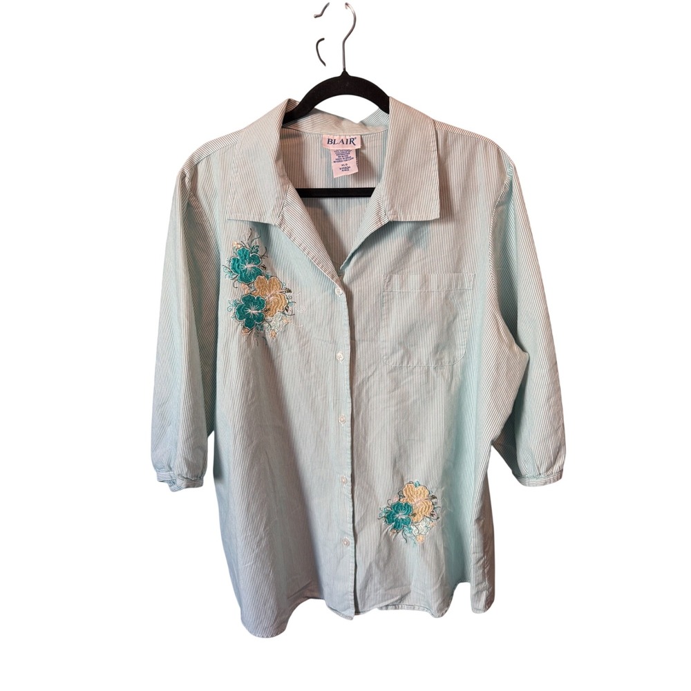 VTG Womens XL Mint Green Striped Button Down Shirt Floral Embroidery Cottagecore